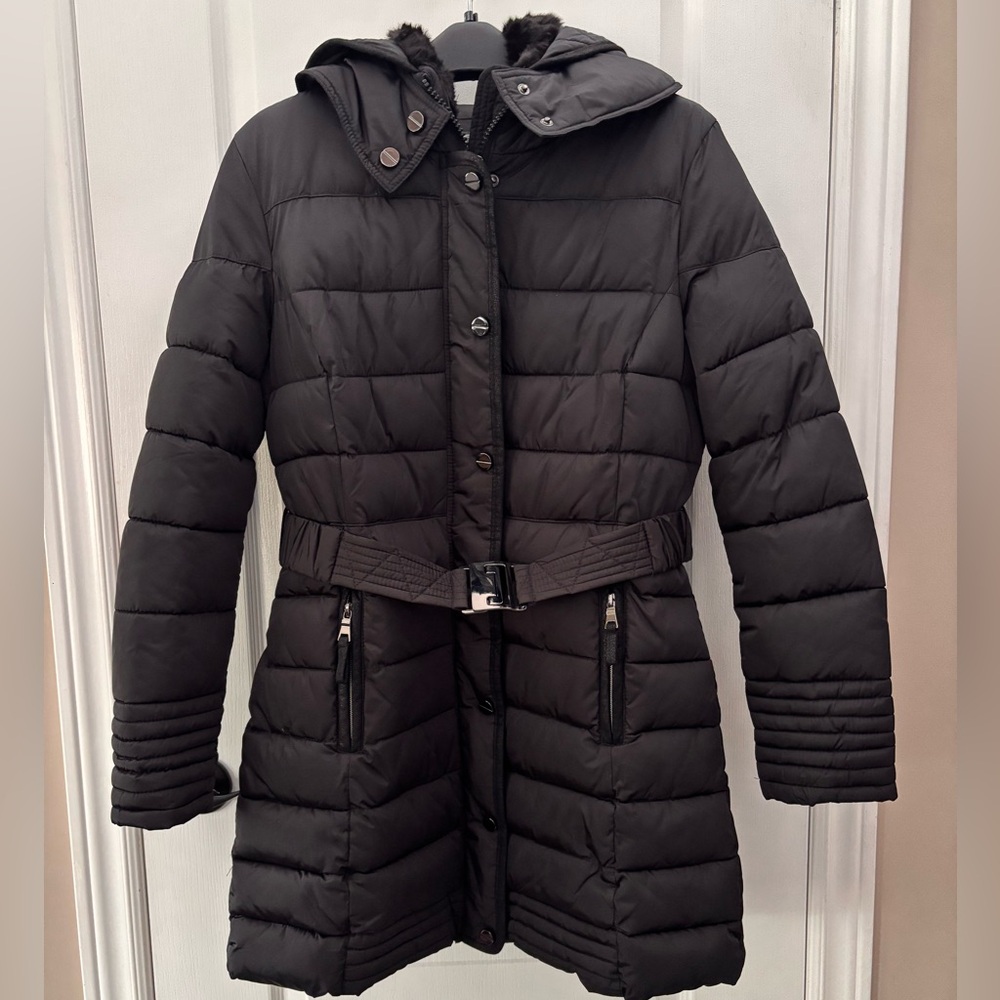 Women's Black Puffer Coat with Belt